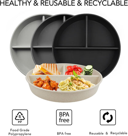 greenandlife 9 Inch 4PCS Portion Control Plates with Lids, Divided Plates for Kids Adults, Dishwasher Microwave Safe Compartment Plate, Unbreakable Lightweight Reusable Wheat Straw Plate, Earth Tone