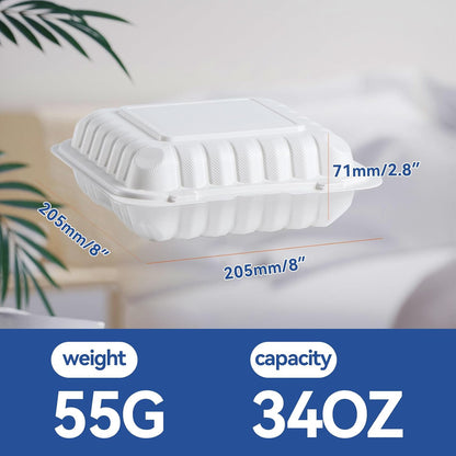 Food Containers 7.8" 30 oz 65 Pack - BPA Free Mineral Filled PP Plastic | 3 Compartment Shrink Wrap Clamshell Stackable | Reusable Freezer & Microwave Safe | White Commercial Takeout Boxes