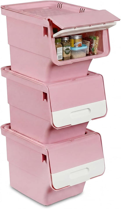 Giantex Plastic Stackable Storage Bins with Lids & Wheels, 3 Pack Open Front Stacking Bins, Organizer Bins for Pantry, Kitchen, Laundry, Closet, Playroom, Bedroom Organization (12.5 QT)