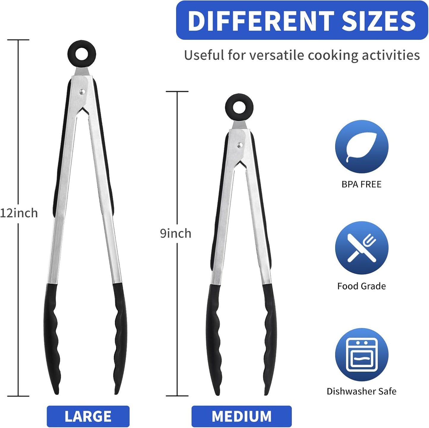 Kitchen Tongs,Set Of 3 Tongs with Silicone Tip for Cooking 9/12 Inch Stainless Steel Kitchen Tong for Meat,Food Grill,Salad,BBQ,Frying,Serving,Dishwasher (Black, 12 Inch)
