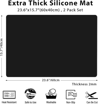 2Pack Large Silicone Mats for Kitchen Counter, 48''x24''(120cmx60cm) Heat Resistant Mat for Kitchen Island, Waterproof Multipurpose Countertop Protector, Black
