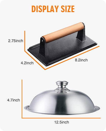 HOMENOTE Griddle Accessories for Blackstone, Commercial Grade 12 Inch Heavy Duty Melting Dome with Round Cast Iron Smash Burger Press Perfect for Flat Top Hibachi Grill Outdoor Indoor