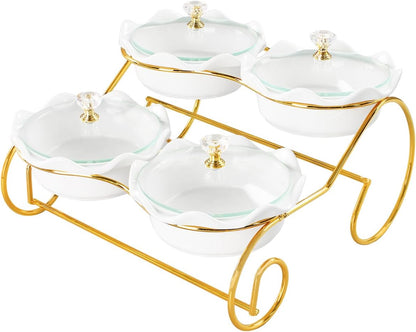 Candy bowl Ceramic Condiment Bowl with lid Metal Tray, 4 Removable small bowls with glass lid relish plate for Snack, Nuts,candies and condiments - for birthday, parties, Holiday gift