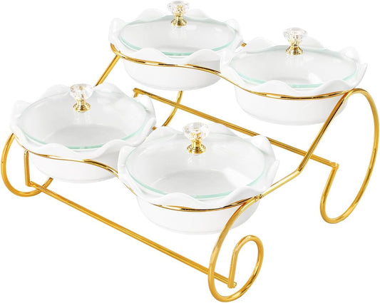Candy bowl Ceramic Condiment Bowl with lid Metal Tray, 4 Removable small bowls with glass lid relish plate for Snack, Nuts,candies and condiments - for birthday, parties, Holiday gift