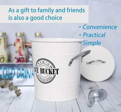 T586A 4L Cream White Metal Galvanized Double Walled Ice Bucket Set with Lid and Scoop
