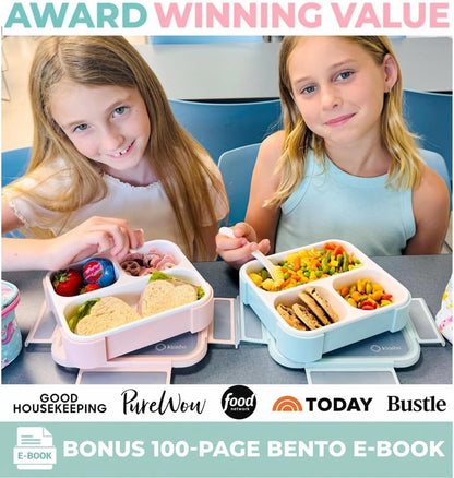 kinsho Medium Bento Boxes for Kids, Lunch Box for Boys Girls Toddler Adults, Leak-Proof 3 Compartment Containers for Meal or Snack at School Daycare Work Travel, BPA Free 2 Pack (Pastel Blue + Pink)