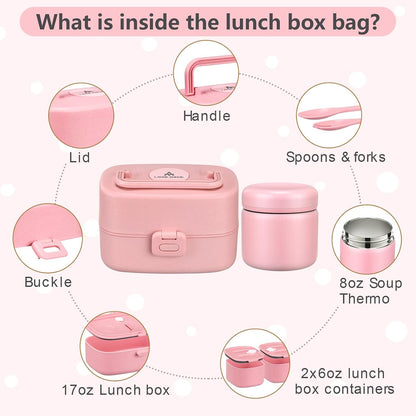 Bento Lunch Box for Kids with 8oz Soup Thermo,2 Leak-Proof Food Containers, a Lunch Bag, Kids Thermo Insulated Hot Food Jar for School, Travel-Green