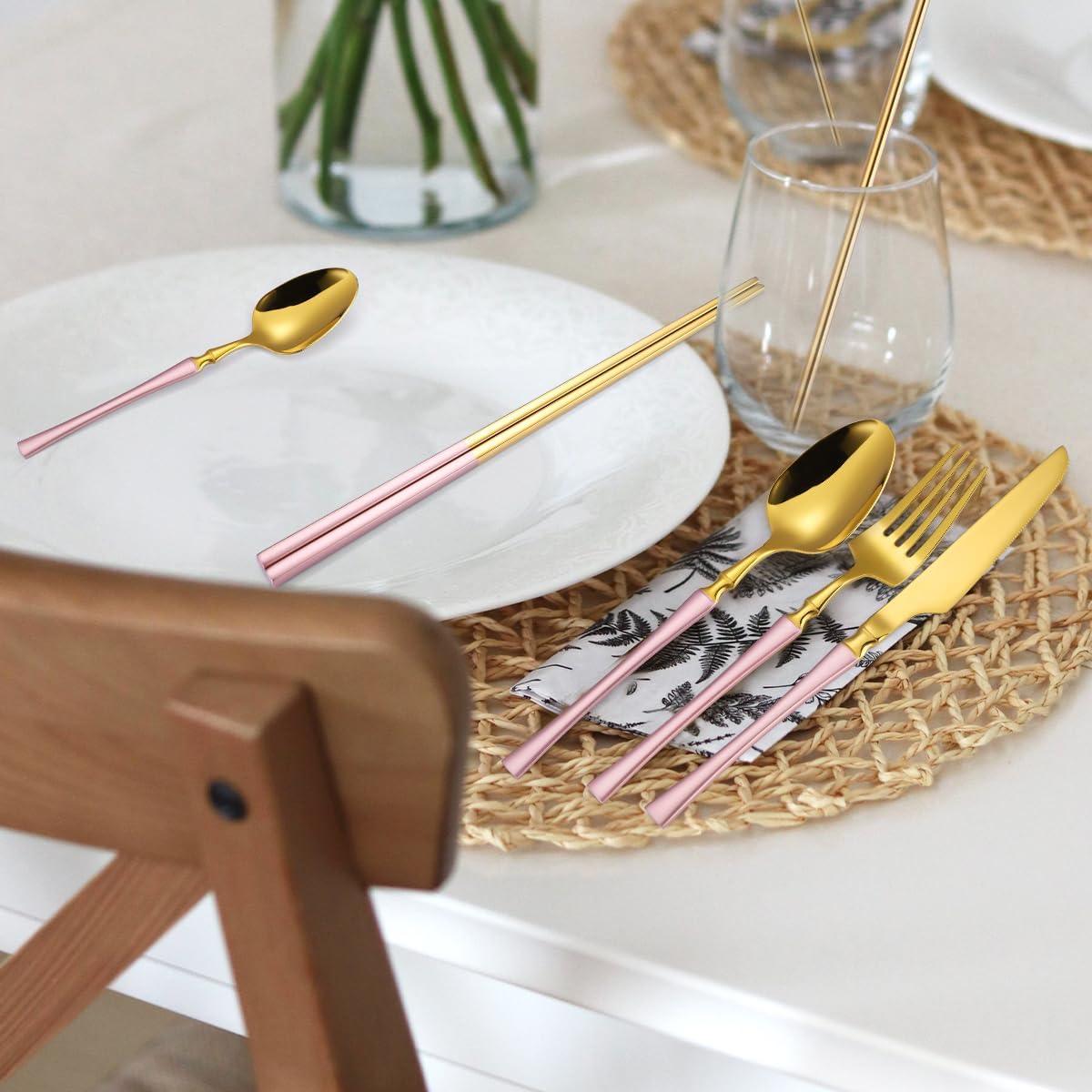 AARAINBOW 7 Pieces Stainless Steel Flatware Set Portable Reusable Cutlery Set Travel Utensils Set Including Chopsticks Knife Fork Spoon Straws Cleaning Brush Dishwasher Safe (B-Pink Golden)