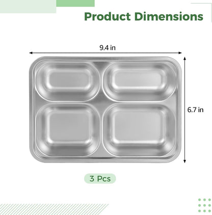 Joyibay 3 Pcs Stainless Steel Snack Containers with Transparent Lids, 4-Compartment Bento Box, 9.4 x 6.7 x 1.6 in Divided Food Tray, Reusable Meal Prep Containers for Youngsters and Adults