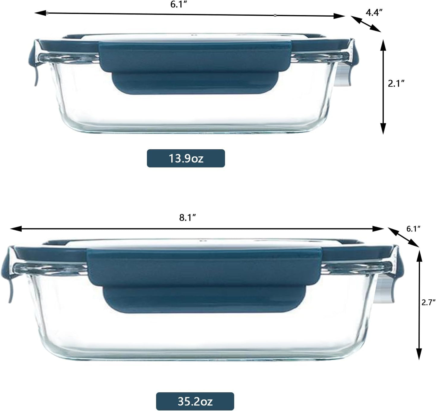 10Pack Rectangle Glass Food Storage Containers with Lids, Meal Prep Containers for Food Storage, BPA Free & Leak Proof (Dark Blue)