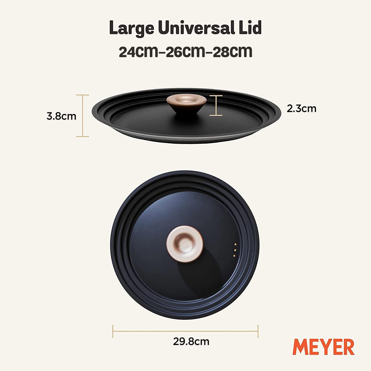 Meyer Universal Lids 6.25" | 7" | 8" Stainless Steel, Pots and Pans Cookware Stacking Lids, Replacement Cooking Stackable Lids, Small, Matte Black with Gold Accent Knob, Accent Series, 6.25-7-8 inch
