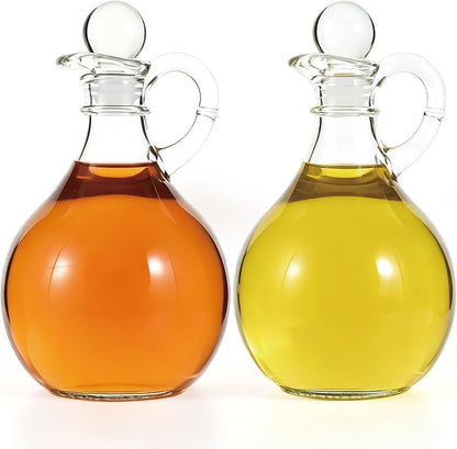 Oil and Vinegar Cruet Set of 2, Glass Oil and Vinegar Dispenser with Airtight Stopper, Glass Condiment Container for Homemade Oil, Salad Dressing