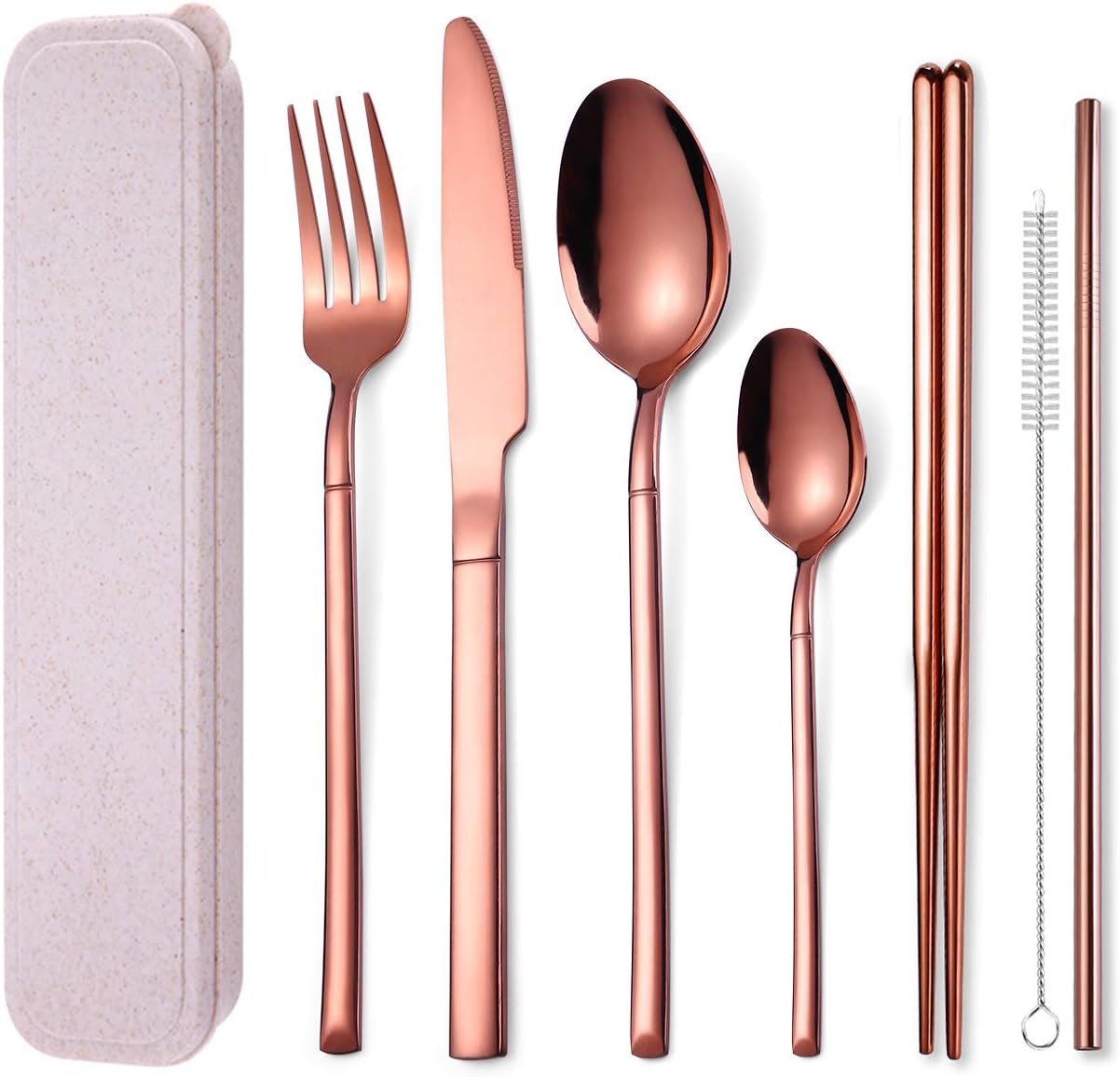 AARAINBOW 7 Pieces Stainless Steel Flatware Set Portable Reusable Cutlery Set Travel Utensils Set Including Chopsticks Knife Fork Spoon Straws Cleaning Brush Dishwasher Safe (Pink Golden)