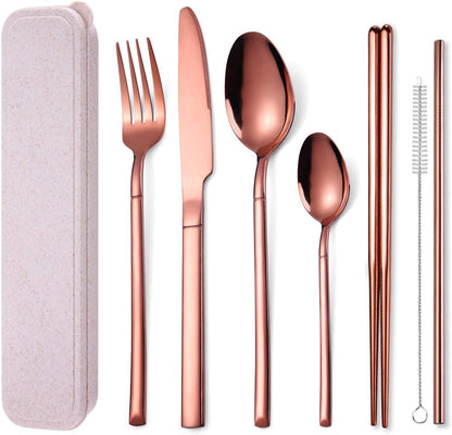 AARAINBOW 7 Pieces Stainless Steel Flatware Set Portable Reusable Cutlery Set Travel Utensils Set Including Chopsticks Knife Fork Spoon Straws Cleaning Brush Dishwasher Safe (Pink Golden)