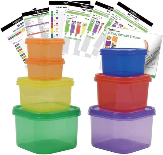 7 PCS Portion Control Containers Kit (with COMPLETE GUIDE, 21 DAY DAILY TRACKER, 21 DAY MEAL PLANNER, RECIPES PDF),Label-Coded,Multi-Color-Coded System,Perfect Size for Lose Weight