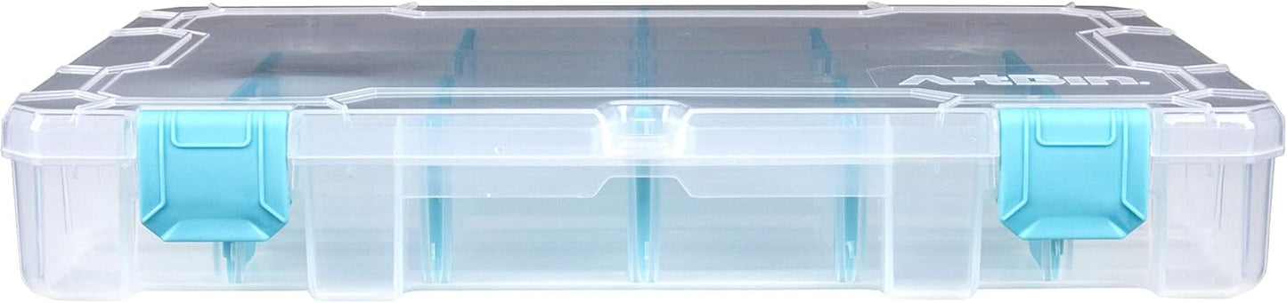 ArtBin 6944AG Medium Anti-Tarnish Box with 15 Removable Dividers, Jewelry & Craft Organizer, 1 Plastic Storage Case with Anti-Tarnish Technology, Clear with Aqua Accents 10.875” x 7.0” x 1.75”