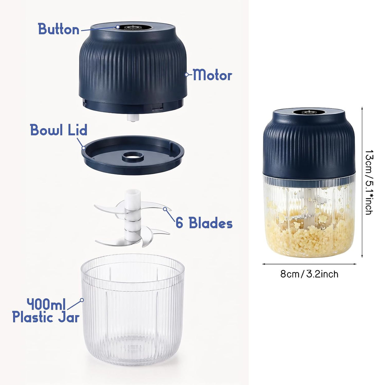 Electric Garlic Chopper, 2026 New Mini Food Processor & Food Chopper for Kitchen, Portable Cordless Garlic Mincer with 6 Stainless Steel Blades, Small Vegetable Chopper for Onion Salad (400ML Blue)