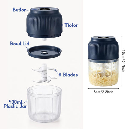 Electric Garlic Chopper, 2026 New Mini Food Processor & Food Chopper for Kitchen, Portable Cordless Garlic Mincer with 6 Stainless Steel Blades, Small Vegetable Chopper for Onion Salad (400ML Blue)