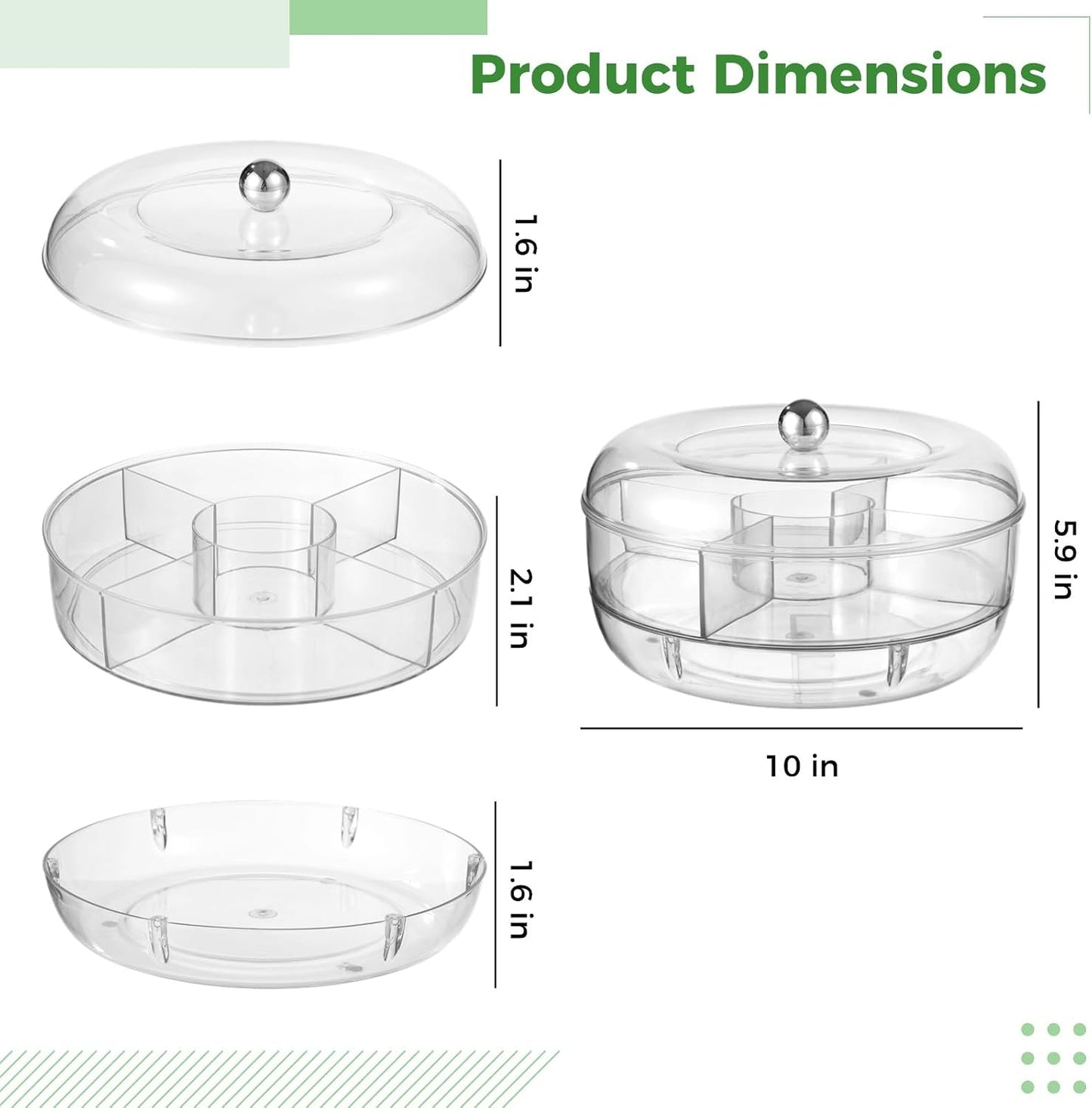 Homaisson Rotating Ice Chilled Serving Tray, Clear Fruit Veggie Tray with Lid, 5 Compartments Chilled Party Platter, Divided Salad Bowl with Ice Tray for Appetizer, Snacks, Sushi
