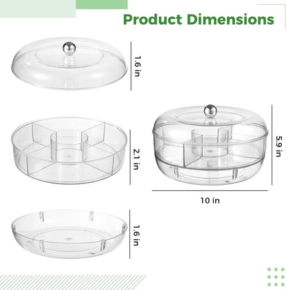 Homaisson Rotating Ice Chilled Serving Tray, Clear Fruit Veggie Tray with Lid, 5 Compartments Chilled Party Platter, Divided Salad Bowl with Ice Tray for Appetizer, Snacks, Sushi