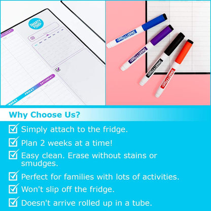 Dry Erase Weekly Extra Thick Magnetic Calendar for Refrigerator: 17x13 Two Week Planner and 6x9 White Board, 4 Fine Tip Markers and Eraser. Stain Resistant. Shipped Flat. (Weekly Planner)