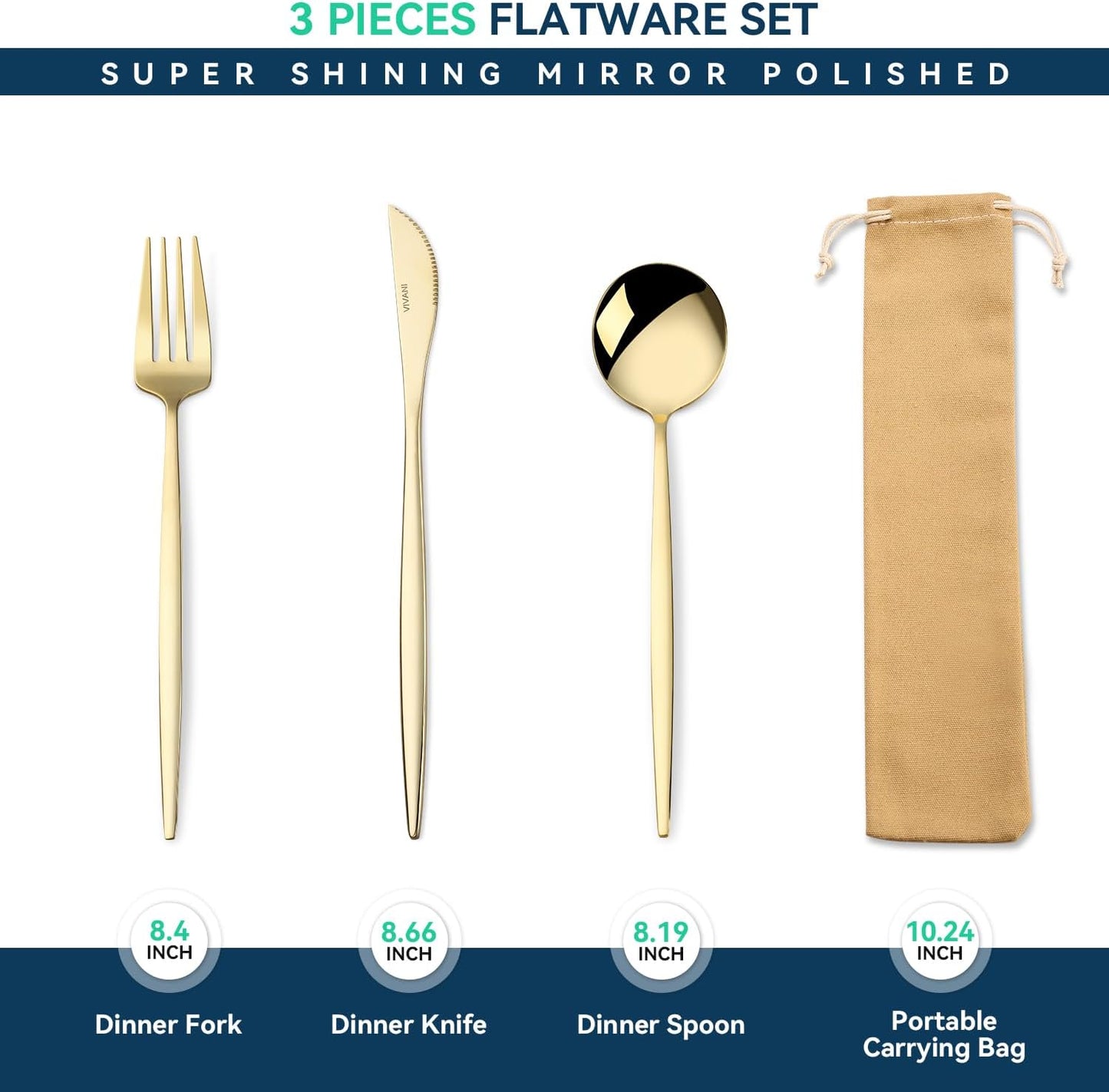 VIVANI Portable Utensils Set with Case, 3-Piece Reusable Stainless Steel Flatware Set for Travel, Camping, Lunch Box & Office, Champagne Gold Fork, Knife, Spoon with Carry Bag