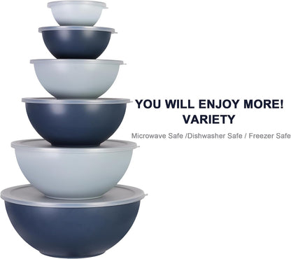BoxedHome BPA Free Plastic Round Mixing Bowl with Lids, 12 Pack Nesting Bowls with Lids Set, Microwave and Dishwasher Safe Prep & Serving Bowls Great for Mixing, Baking, Serving (pinkish green, 12pcs)