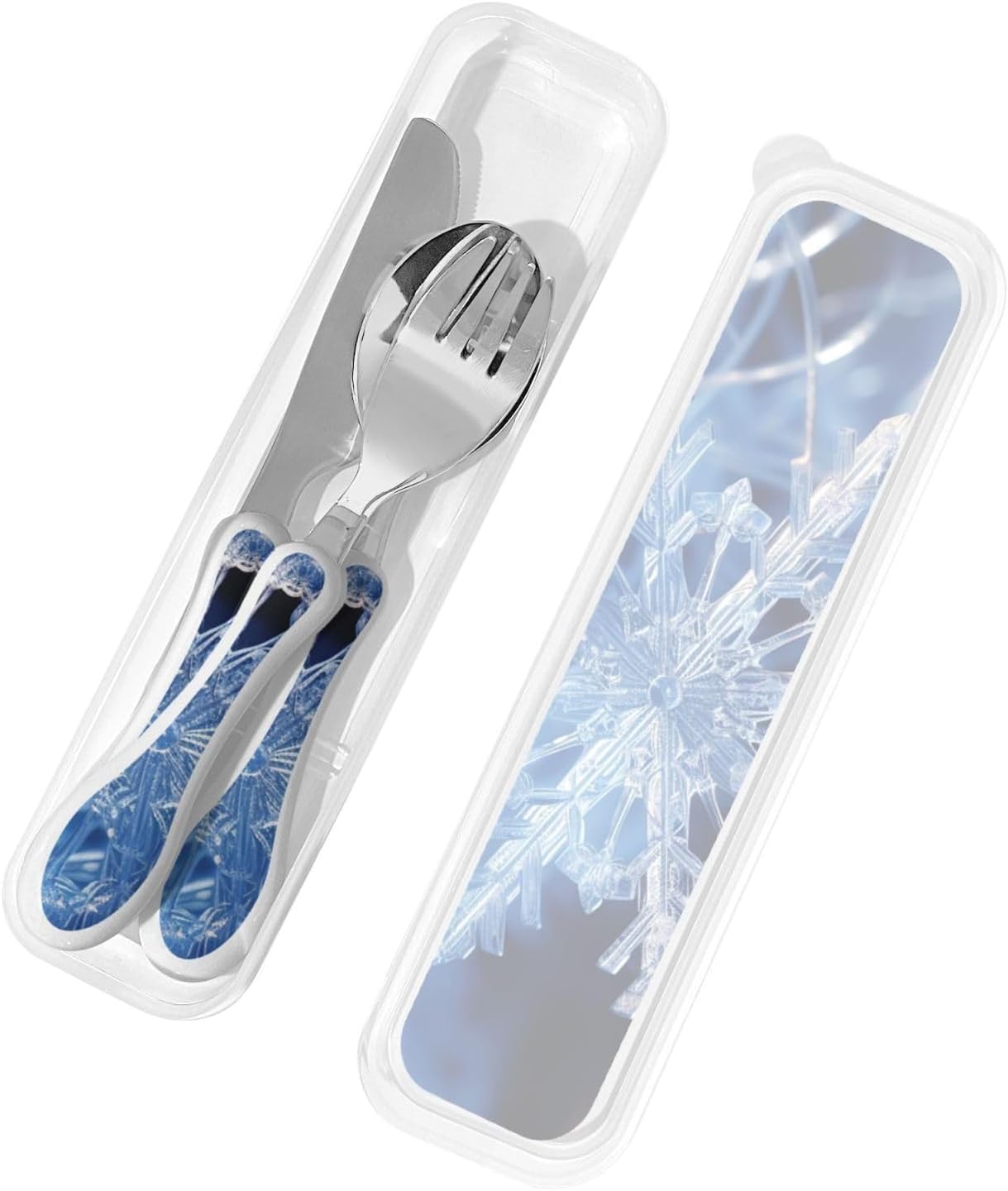 3-Piece Kids Silverware Set With Storage Case, Stainless Steel Reusable Children Safe Knife Spoon Fork Set Blue Lotus Floral Children Flatware Set For Kids Lunch Box