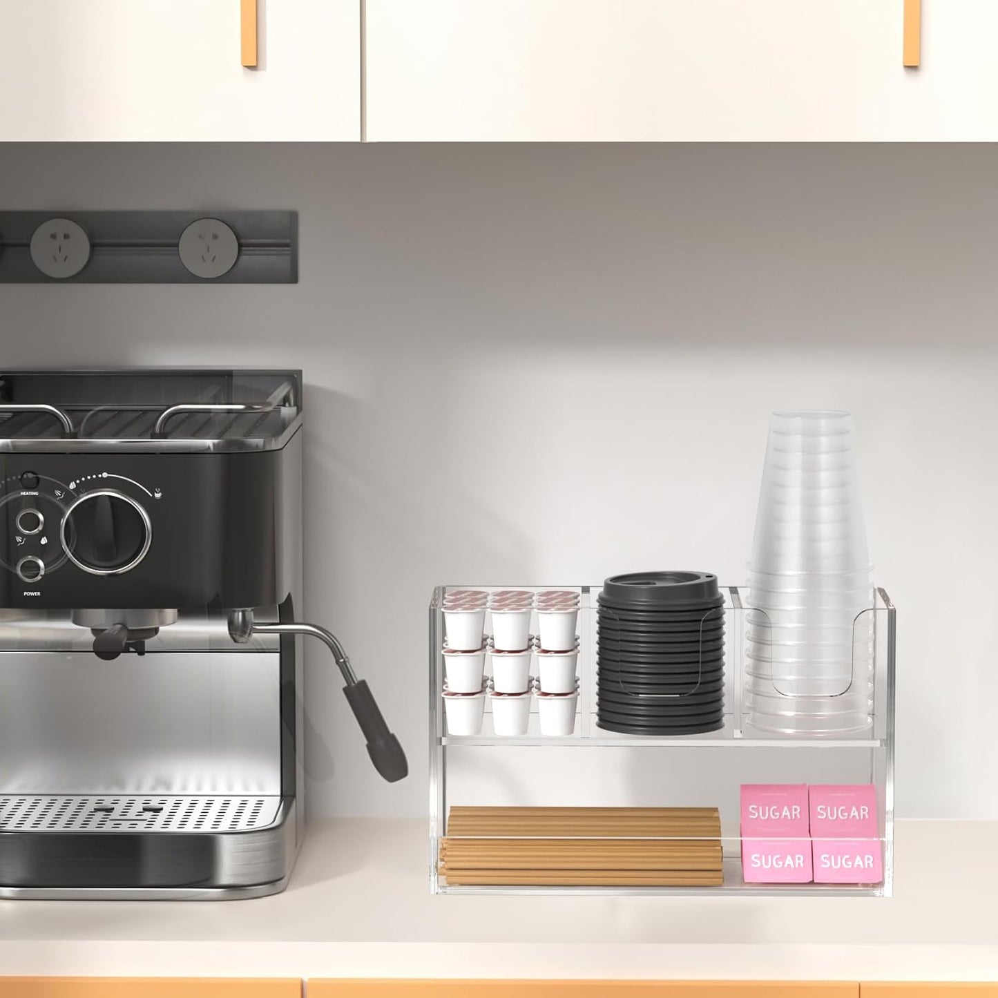 Coffee Condiment and Cup Organizer - 2-Tier Upright Cup and Lid Holder with Straw Organizer 2 Compartments Clear Acrylic Cup Dispenser for Restaurant Breakroom Coffee Station Countertop