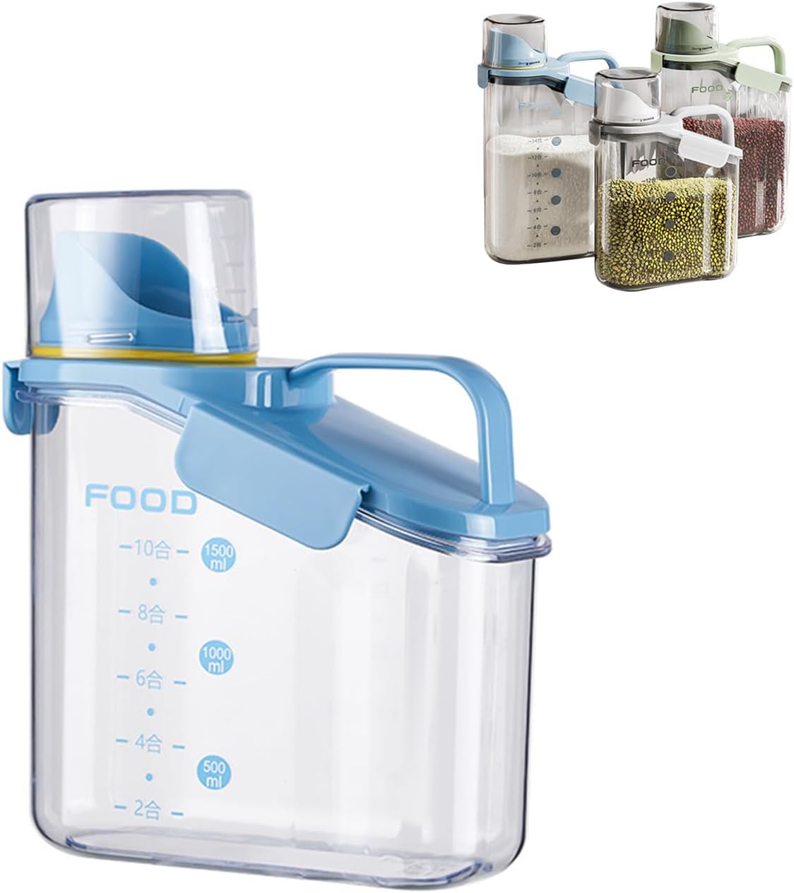 Cereal Containers Dispenser Rice Storage Container Clear Food Storage Containers Measuring Cup Pour Spout With Lids Airtight For Kitchen Grain Dry Food Pet Dog Food Organization（Green 1.6L）