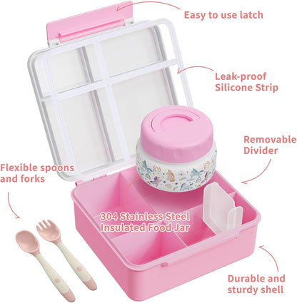 Bento Box for Kids with Thermo Food Container (9oz), 4-Compartment Lunch Box, Adjustable Divider, Leakproof Bento Lunch Box, Includes Utensils & Carry Bag for School, Office(Blue)