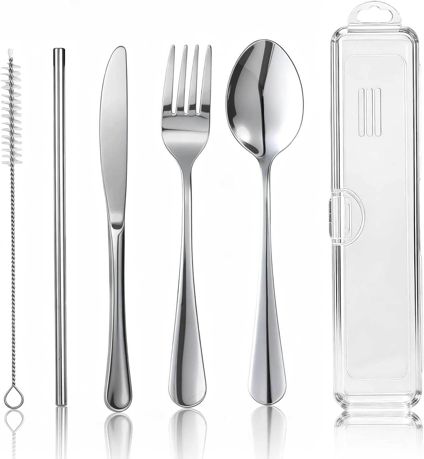 Travel Camping Utensils with Case, 6 Pcs Reusable Stainless Steel Silverware Cutlery Set, Spoon, Fork, Knife + Straw/Brush Kit for Camping, Travel, Office, Lunch Box, Eco On-the-Go (silver)