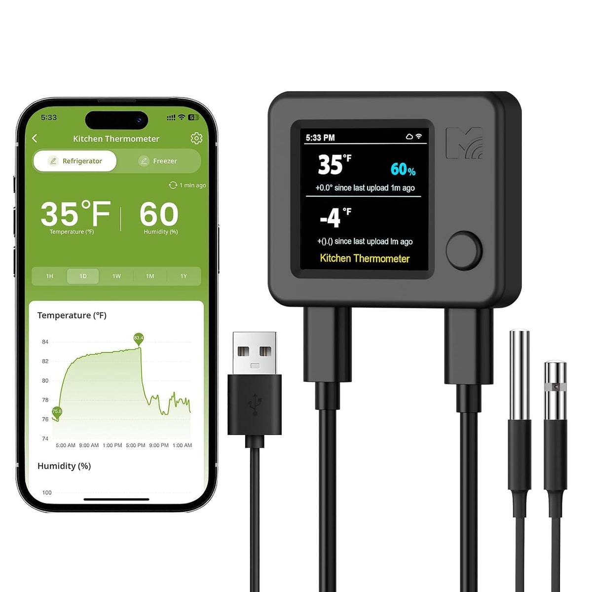 MOCREO WiFi Fridge Thermometer Hygrometer, Dual Probe, Remote Freeze Alerts