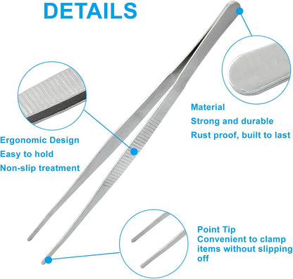3Pcs Stainless Steel Tweezer Set (8" 10" 12"), Kitchen Tweezers Tongs, Cooking Tweezers with Precision Serrated Straight Tips, Long Handle Food Tweezers for Culinary, Bar, BBQ, Plating