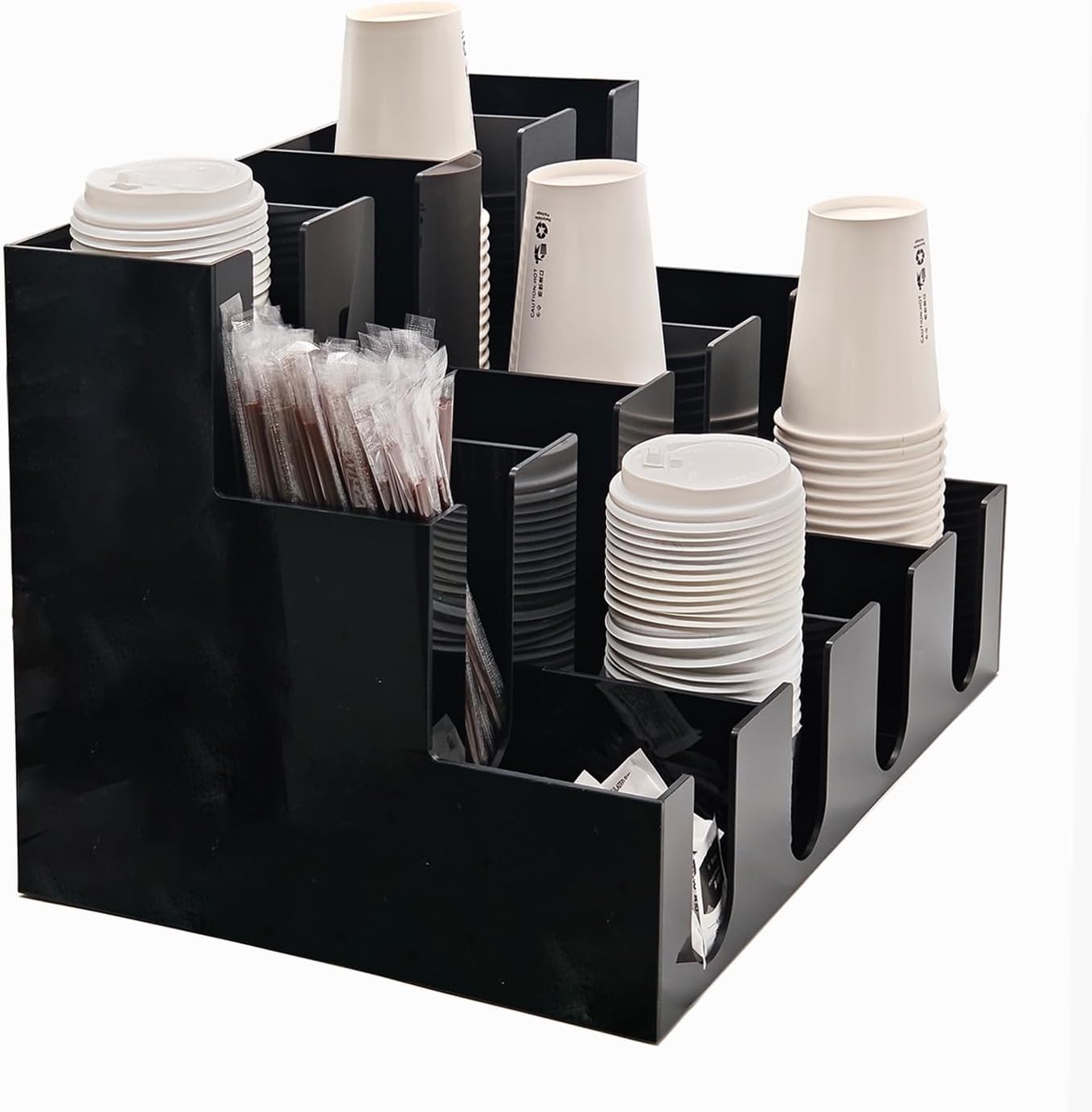 CiaoHER Large Acylic Coffee Cup and Lid Dispenser with 12 Compartments, Counter Top for Coffee Station to Organize Disposable Cups, for Home or Office Use (Black)