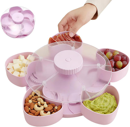 Divided Spin and Snack Serving Tray with Lids Spinning Compartment Platter for Dips Veggies Fruits Space-Saving Kitchen Organizer for Parties Picnics Travel (Pink)