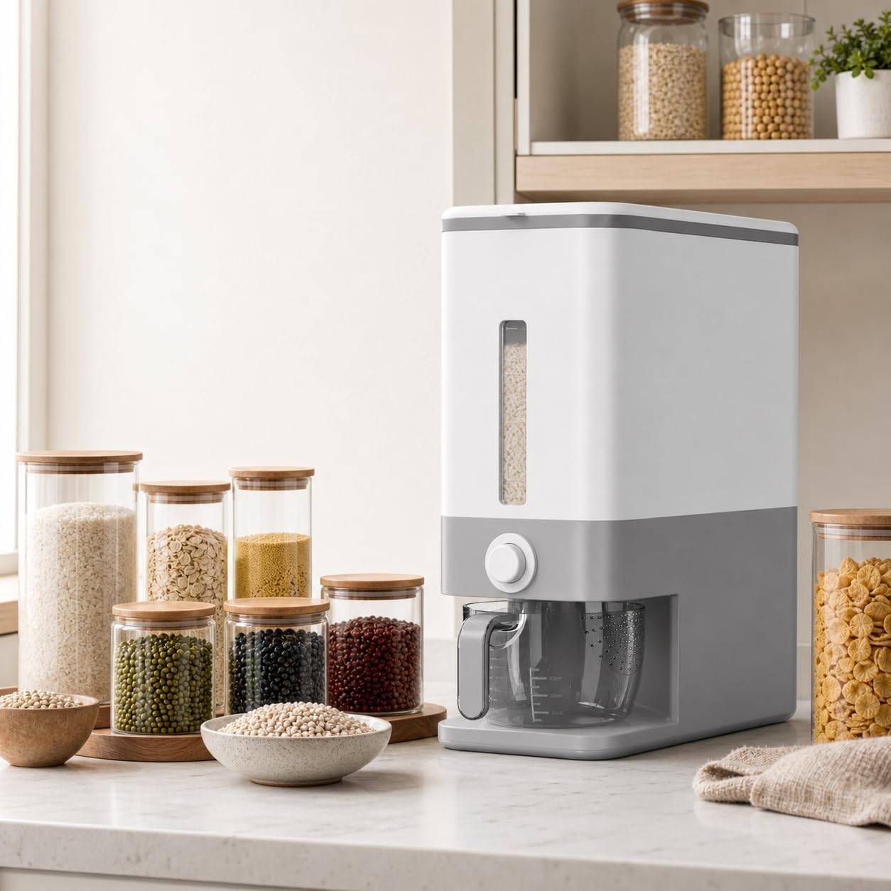 Proarea Rice Dispenser 25 Lbs, Airtight Grain Rice Storage Container with Measuring Cup, One-Touch Dry Food Dispenser for Kitchen Pantry, Clear Scale Window, Grey
