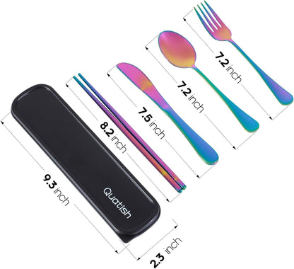 Travel Utensils with Case, Quatish 5 Piece Stainless Steel Silverware Set for Work, Portable Reusable Travel Cutlery Set, Fork and Spoon Set for Picnic, Camping, Gadgets, Lunch Box for Men, Rainbow