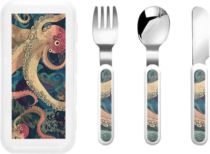 3-Piece Kids Silverware Set With Storage Case, Stainless Steel Reusable Children Safe Knife Spoon Fork Set Abstract Octopus Kraken Children Flatware Set For Kids Lunch Box