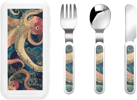 3-Piece Kids Silverware Set With Storage Case, Stainless Steel Reusable Children Safe Knife Spoon Fork Set Abstract Octopus Kraken Children Flatware Set For Kids Lunch Box