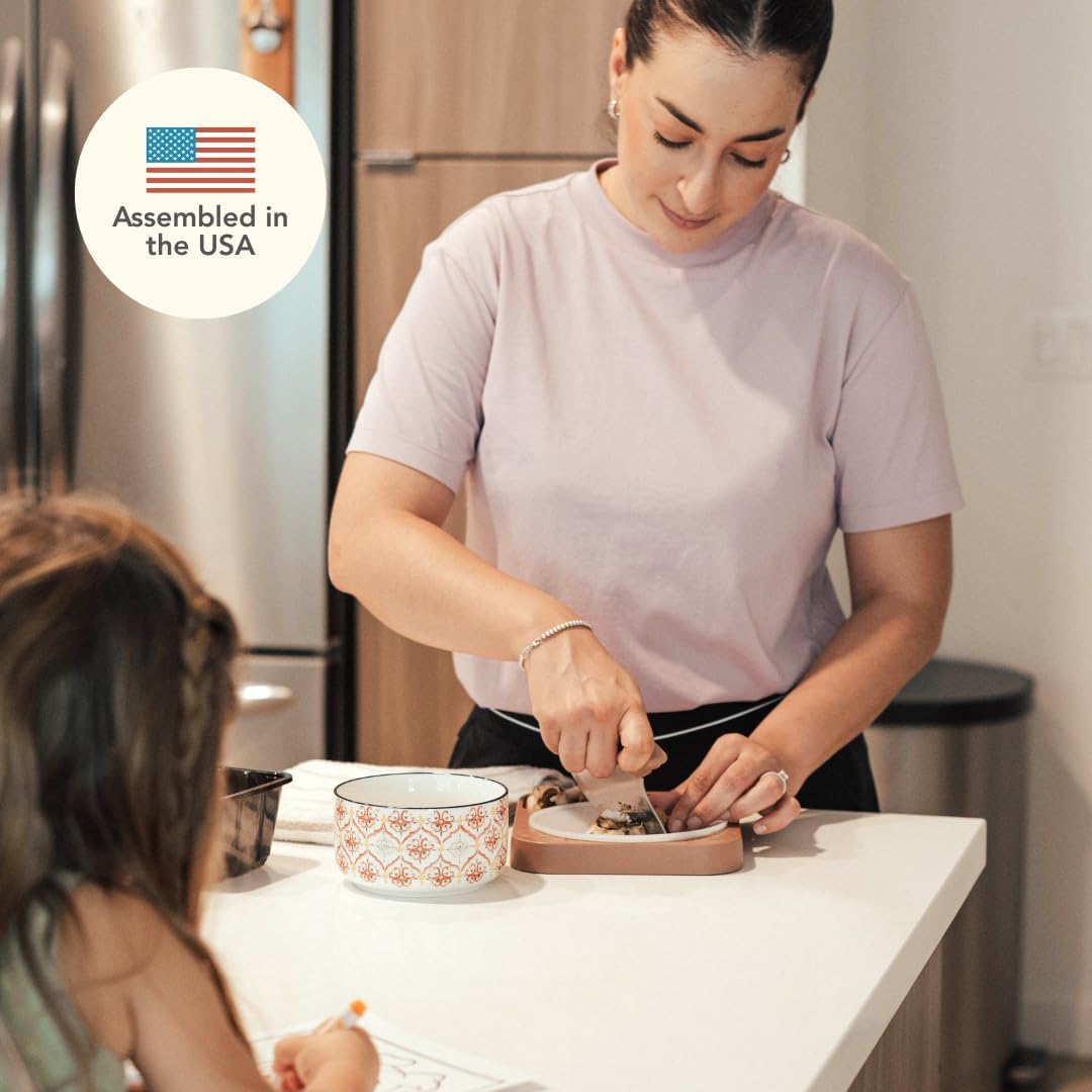 Sharp Rocker Knife for Adults – Chef-Grade Kitchen Knife for Parents and Kids 12+ with Non-Slip Cutting Board, Dishwasher Safe, One-Handed Meal Prep, Microplastic-Free Insert (Sweet Peach)