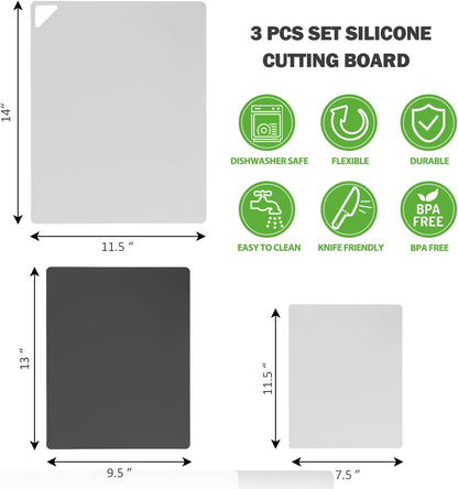 WK Flexible Plastic Cutting Mats for Kitchen Set of 3, Non Slip Cutting Mat, Thin Cutting Sheets, BPA Free, Dishwasher Safe, Multi Sizes, Multi Colors