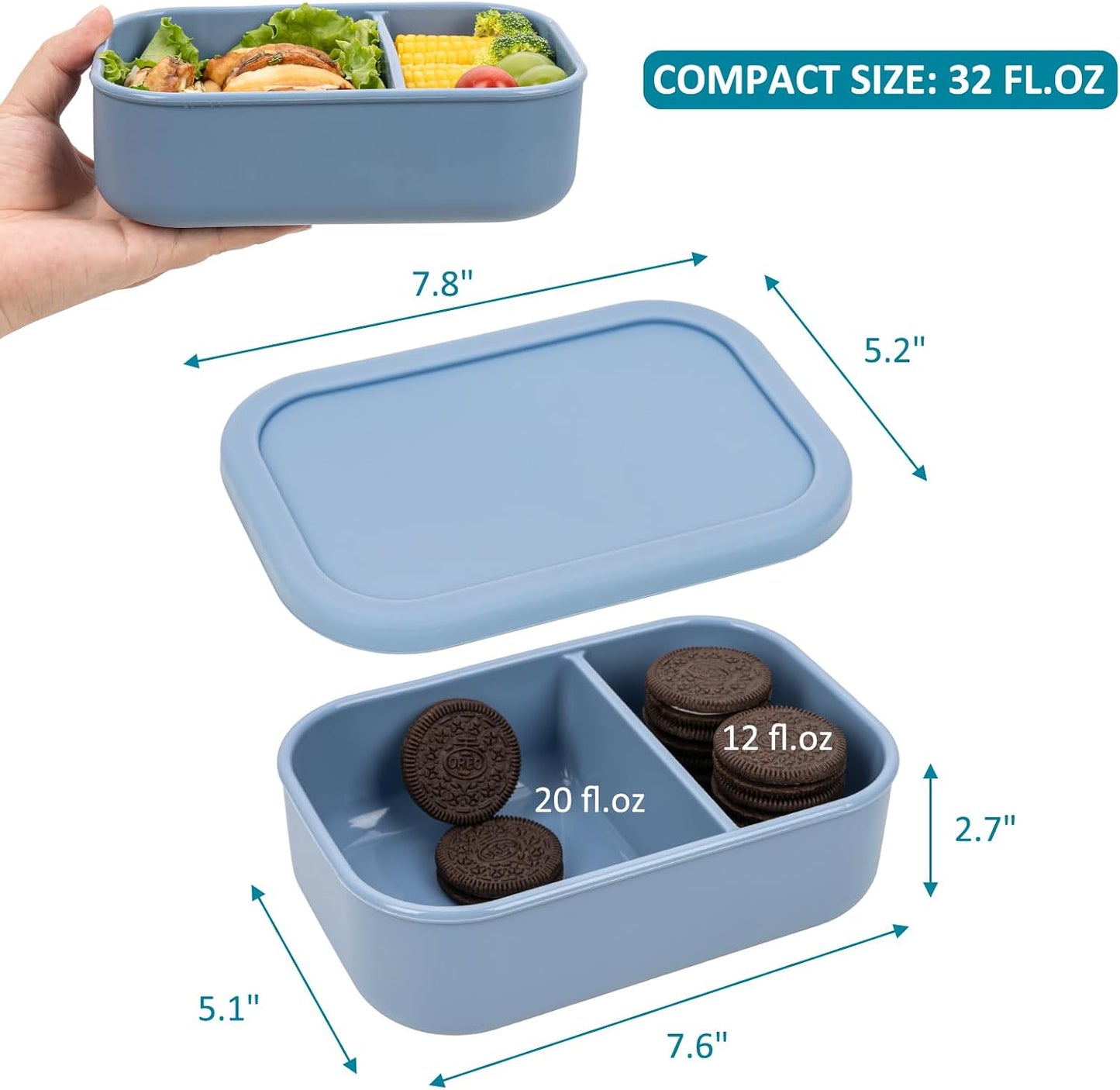 Silicone Bento Box Adult Lunch Container, 3 Compartment Container, Food Grade Silicone Bento Lunch Box for Work Travel Meal Prep, Leak-proof Food Storage Container（1 Pack Nile Blue）