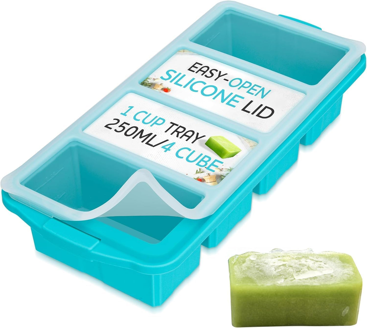 XOMOO Silicone Freezer Tray With Lid-Soup Freezer Container molds-2-cup Extra Large Ice Cube Tray-makes 4 perfect 500ml portions cubes, For freezing soup,stews,sauces.Oven&Dishwasher-Safe(2-Pack)