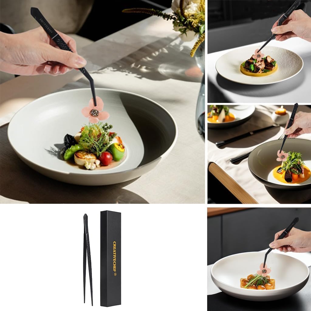 CREATIVECHEF Chef Tweezer Tongs, Professional Kitchen Tweezers, Precision Tweezer Tongs for Cooking, BBQ, Plating, Stainless Steel, Black (2)