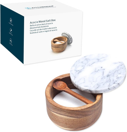KITCHENDAO Large Acacia Salt Cellar Box Bowl with Built-in Spoon and Marble Lid, Solid Natural Acacia Wood Bath Sea Salt Container, Grey Marble Lid, Pepper Sealer Pinch Bowl, 10oz Capacity