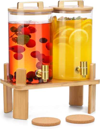 1.5 Gallon 2 PACK Glass Drink dispenser, Beverage Dispenser With Wood Stand, Lemonade Dispenser with Airtight Valve and Stainless Steel Spigot,Drink Dispenser for Parties