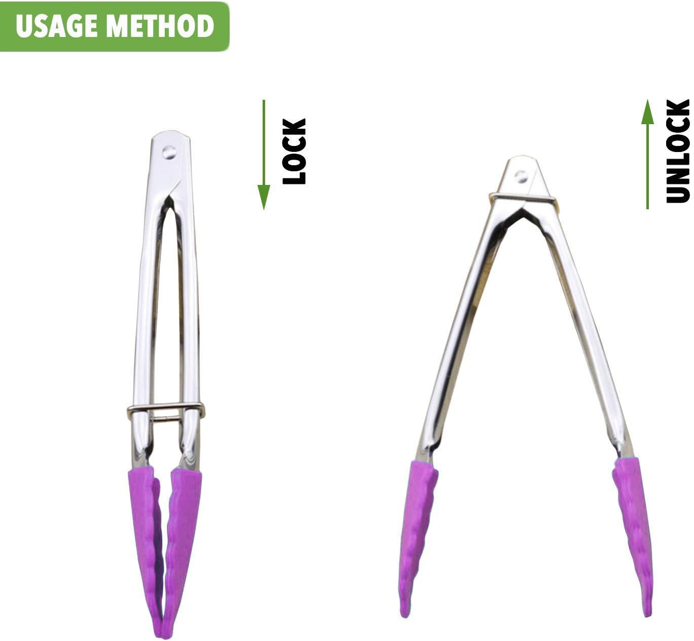 HINMAY Mini Stainless Steel Food Tongs with Silding Rings 7-Inch, Set of 6 | Small Clam Shell Service Tongs for Serving Appetizers, Desserts, Salads, Barbecue and Cooking (Silver)