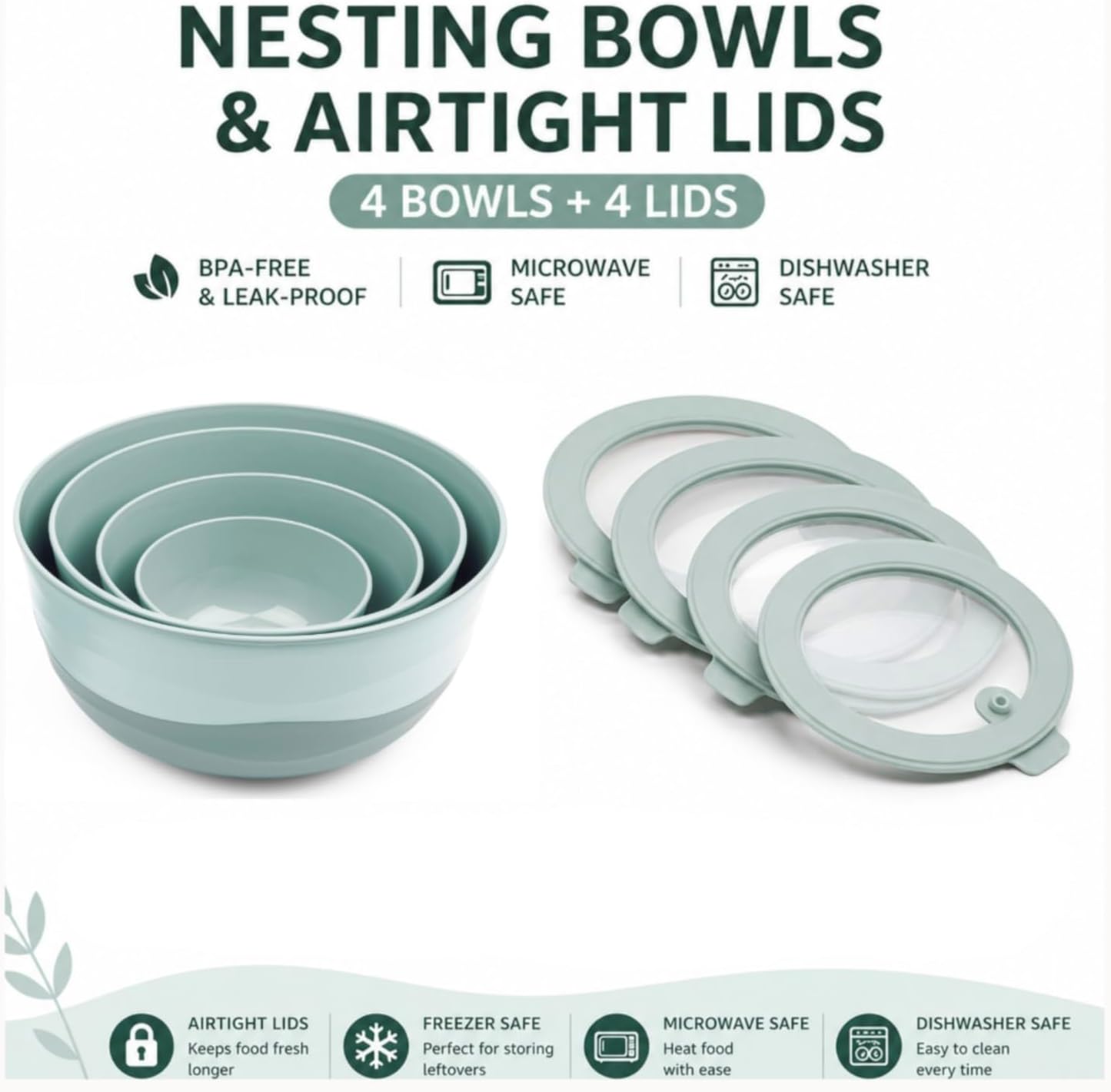 Pera Mixing Bowls with Lids, 8-Piece Airtight Leak-Proof Nesting BPA-Free Bowl Set for Kitchen & Food Storage, Large 4200ml Capacity, Microwave & Dishwasher Safe