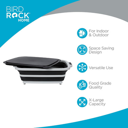 BIRDROCK HOME Collapsible Large BBQ Prep Tub w/Cutting Board, Multi-Function Grill Caddy w/Colander & Lid, Portable Silicone Dish Bowl for Picnic, Tailgate, Camping - Black